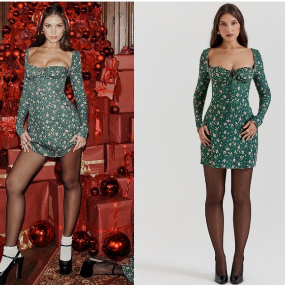 HOUSE OF CB 'Malika' Green Floral Corset Mini Dress NWT - Picture 1 of 8